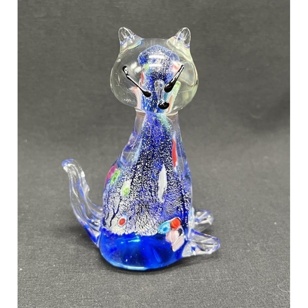 Blue Art Glass Cat Figurine Millefiori Style Silver‎ Foil Hand Blown Paperweight